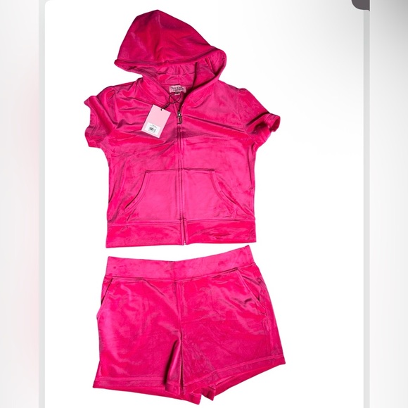 JUICY COUTURE OG BLING RHINESTONE VELOUR VIXEN PINK SHORT-SLEEVE & SHORT SET NWT - Picture 15 of 16